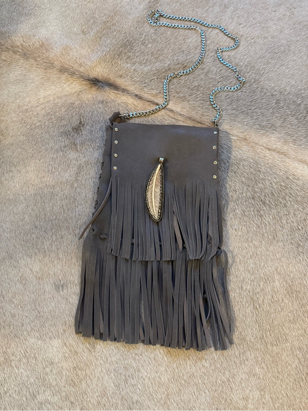 Fringed Gray Leather Crossbody Bag with Feather Charm